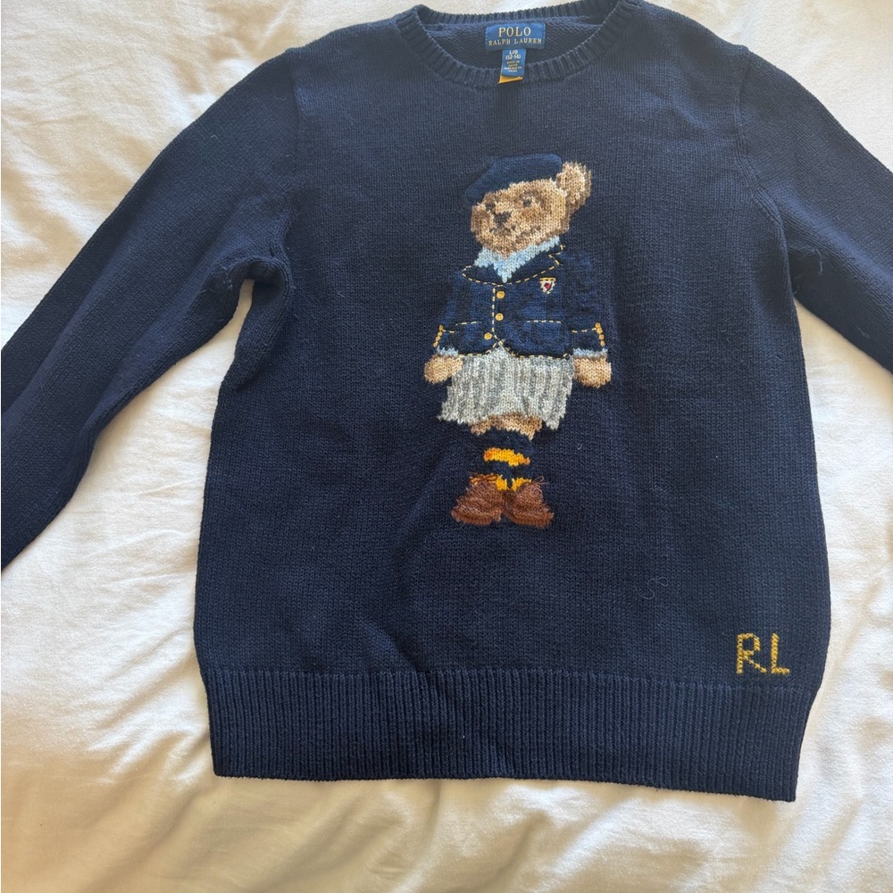 Polo by Ralph Lauren Navy Bear Knit Crewneck Sweater girl size 12-14